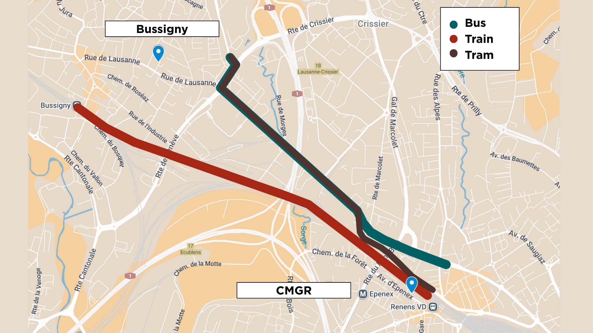 Itinéraire depuis Bussigny pour un accès aux urgences