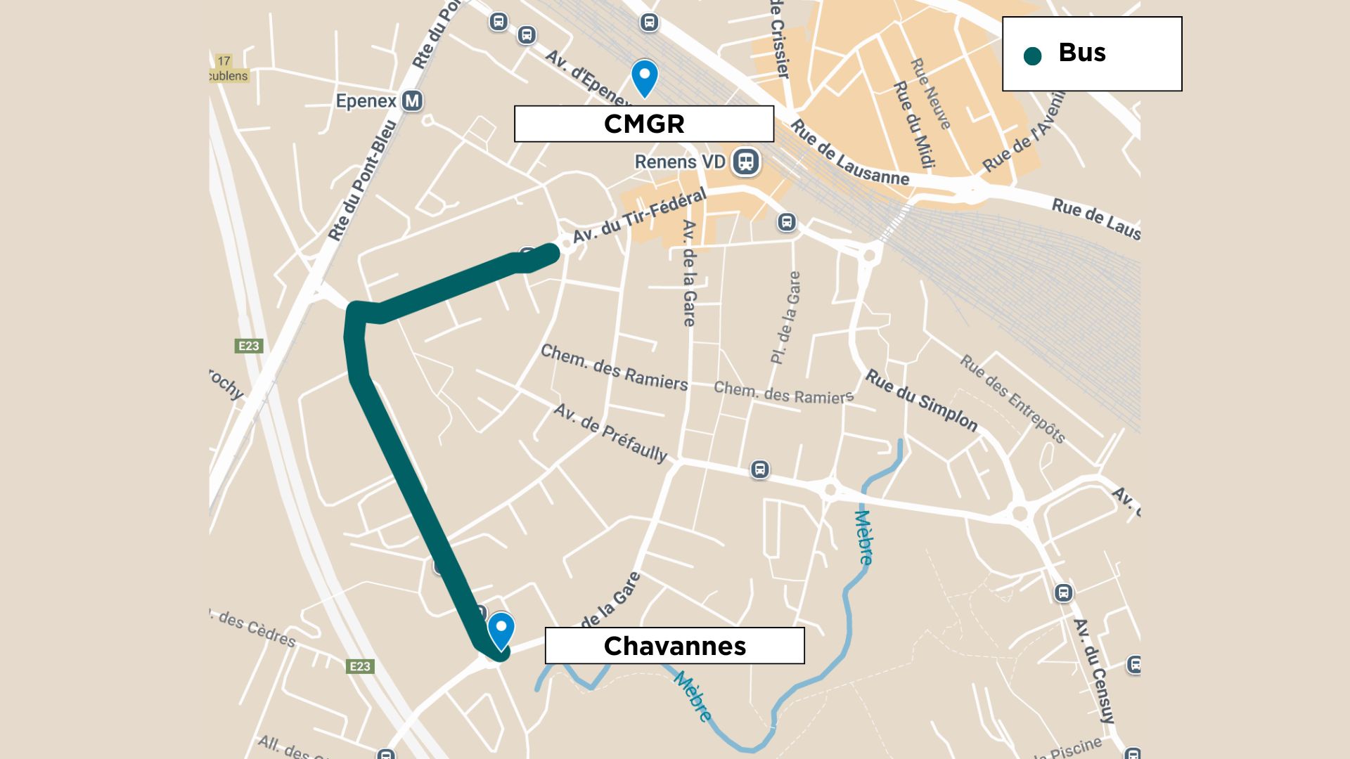 Itinéraire depuis Chavannes pour un accès aux urgences