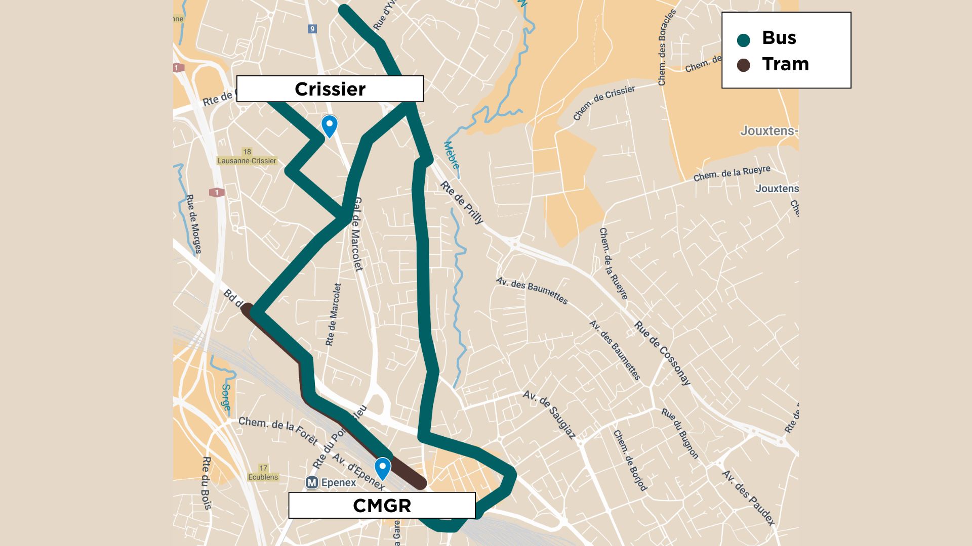 Itinéraire depuis Crissier pour un accès aux urgences