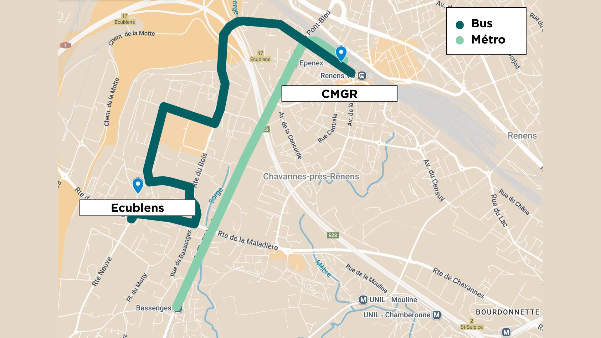 Itinéraire depuis Ecublens pour un accès aux urgences