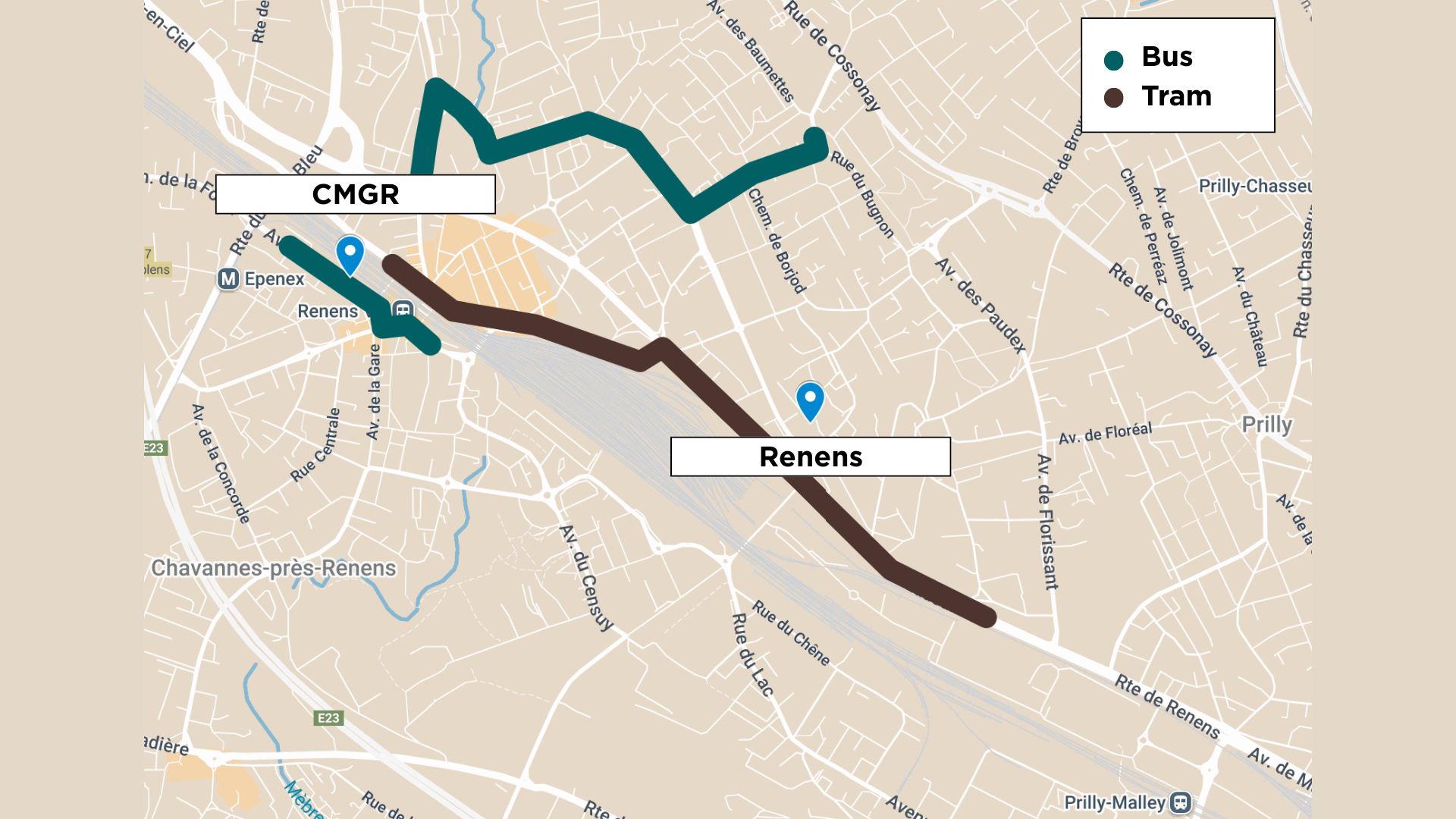 Itinéraire depuis Renens pour un accès aux urgences