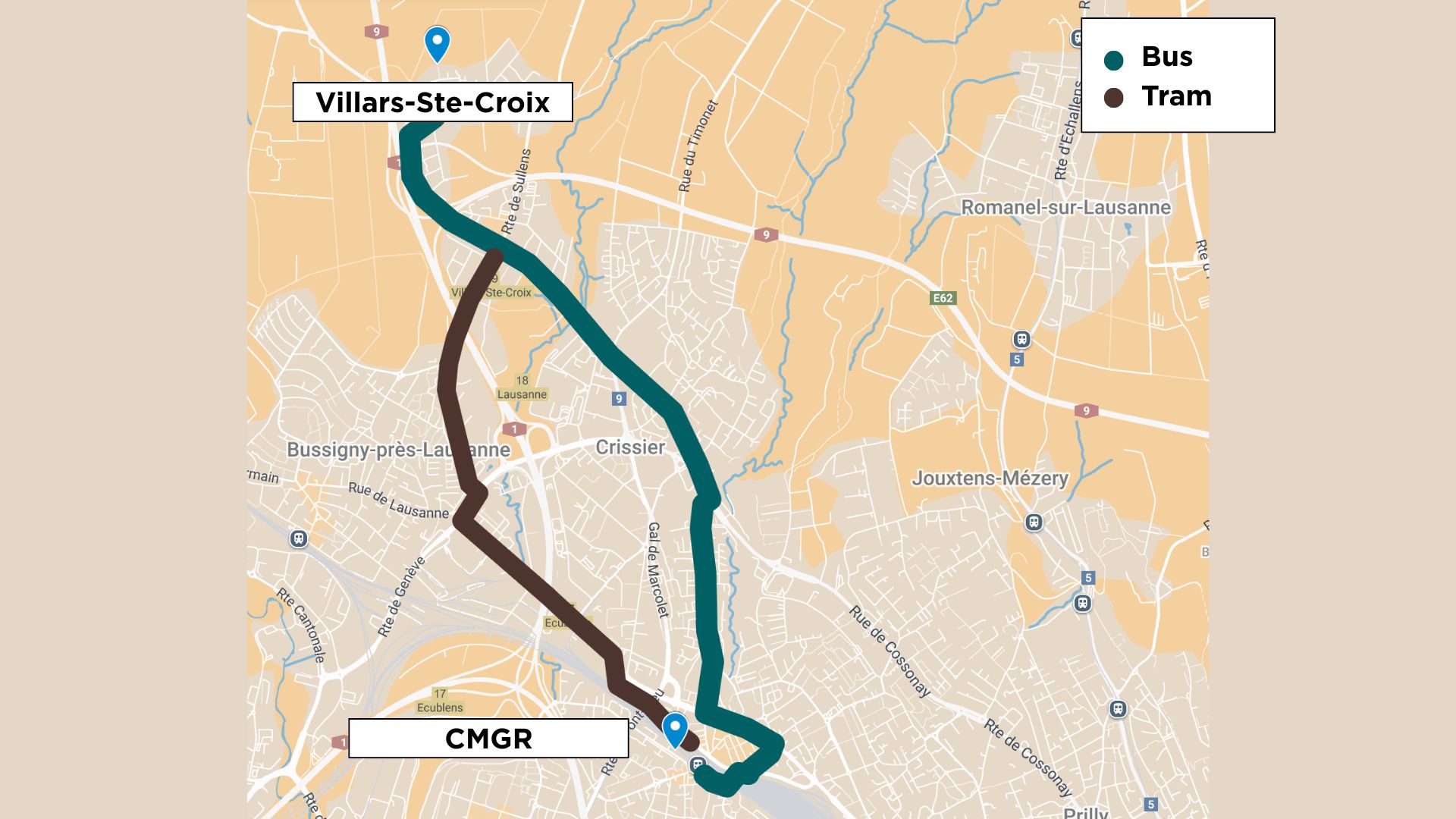Itinéraire depuis Villars-Ste-Croix pour un accès aux urgences